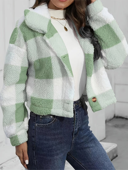 Ludivine | Damen Karo Jacke Kurz mit Knopfleiste und Stehkragen