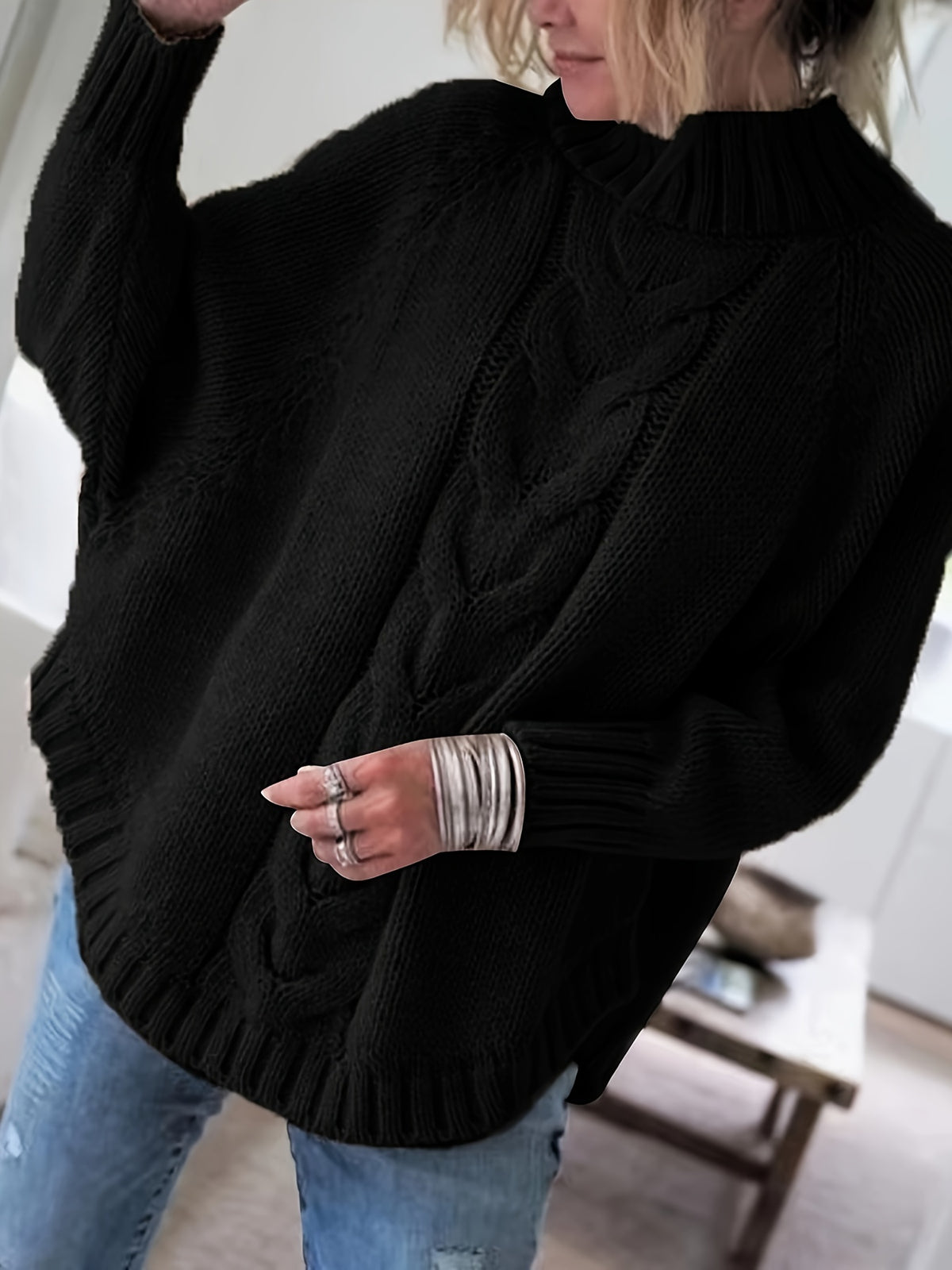 Isadora | Damen Zopfmuster Pullover mit Stehkragen Oversized