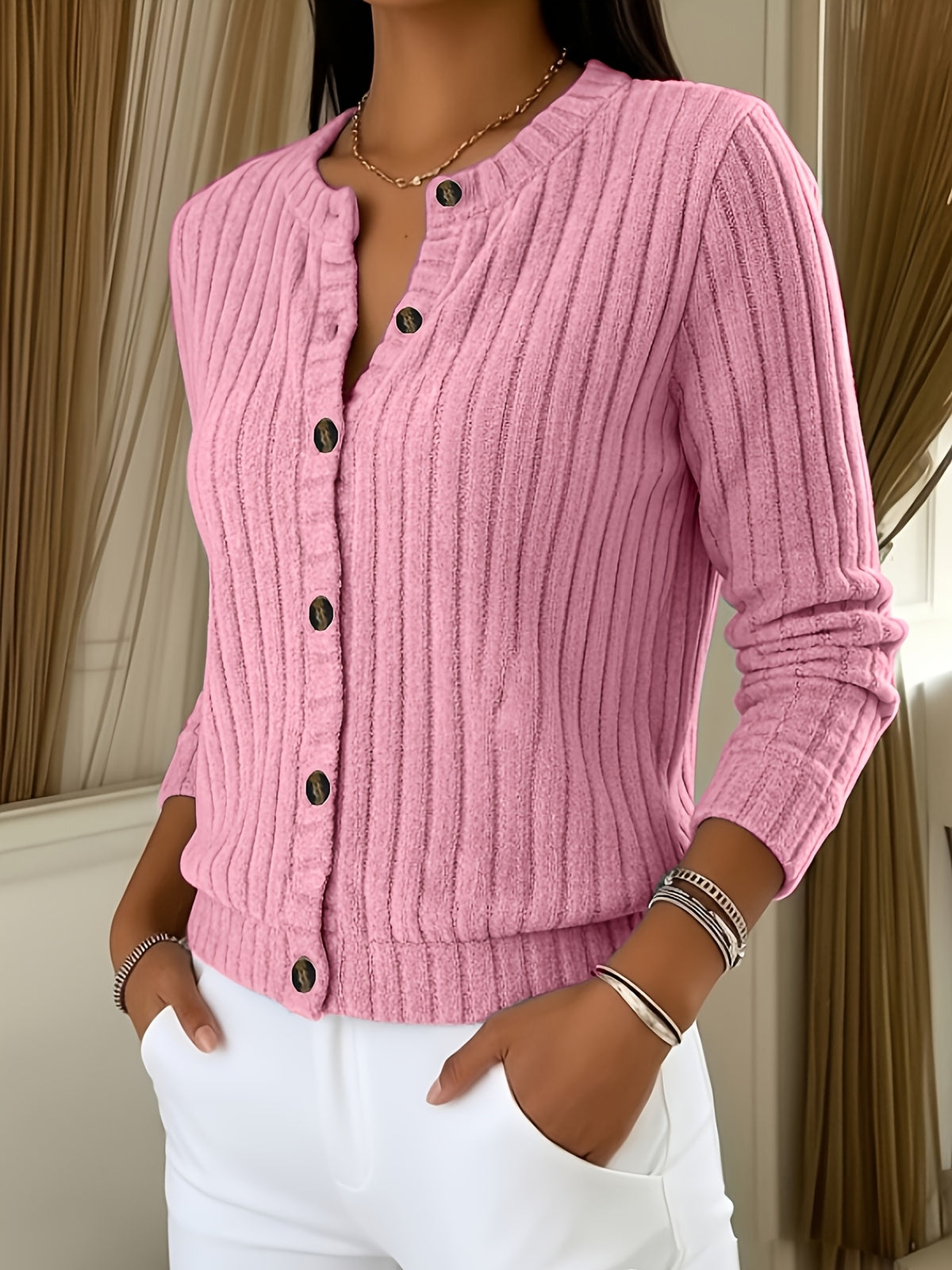Emma | Damen Strickcardigan geripptes Zopfmuster Knopfleiste