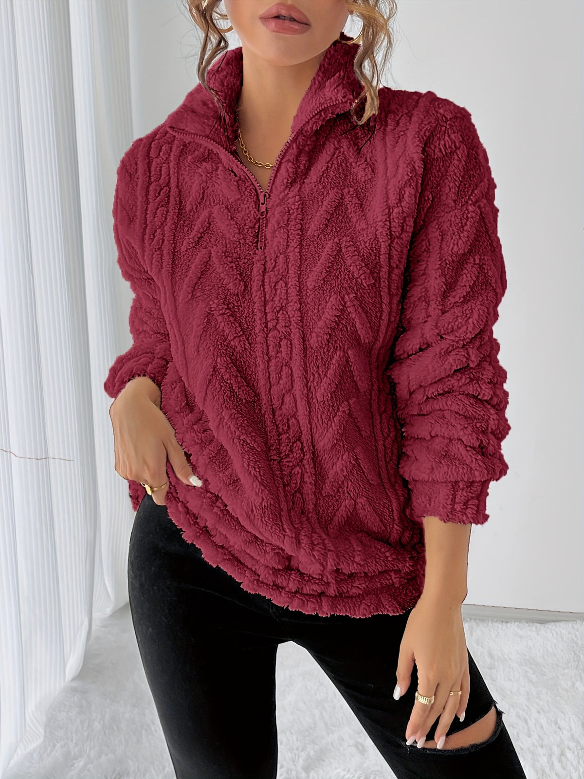 Antonia | Damen Teddy Sweatshirt mit Stehkragen und Reißverschluss