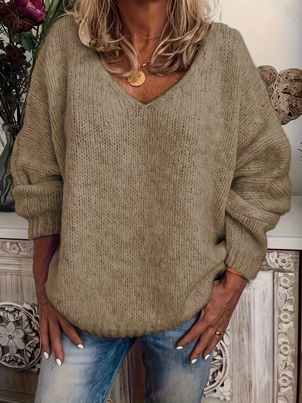 Julia | Damen Oversized Strickpullover mit V-Ausschnitt