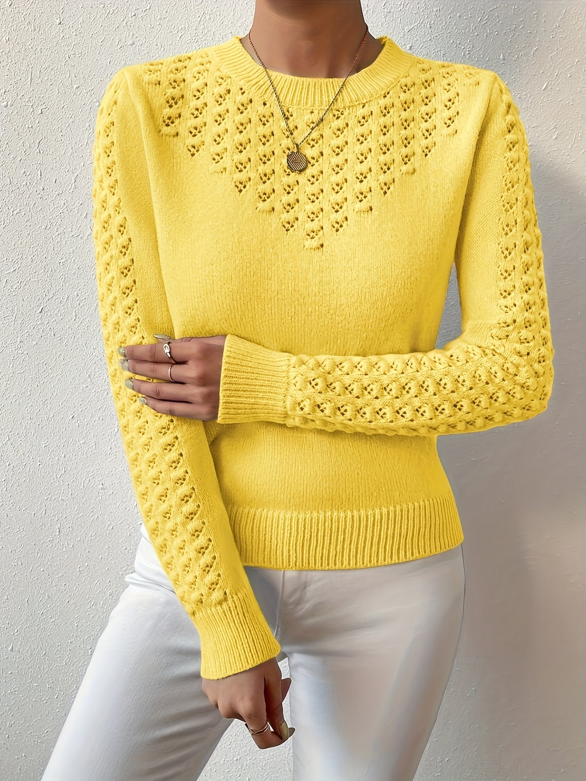 Karolina | Damen Strickpullover mit Lochmuster Ajour, Hellblau