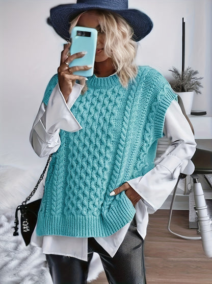 Inka | Damen Zopfmuster Strickweste oversized mit Rundhals