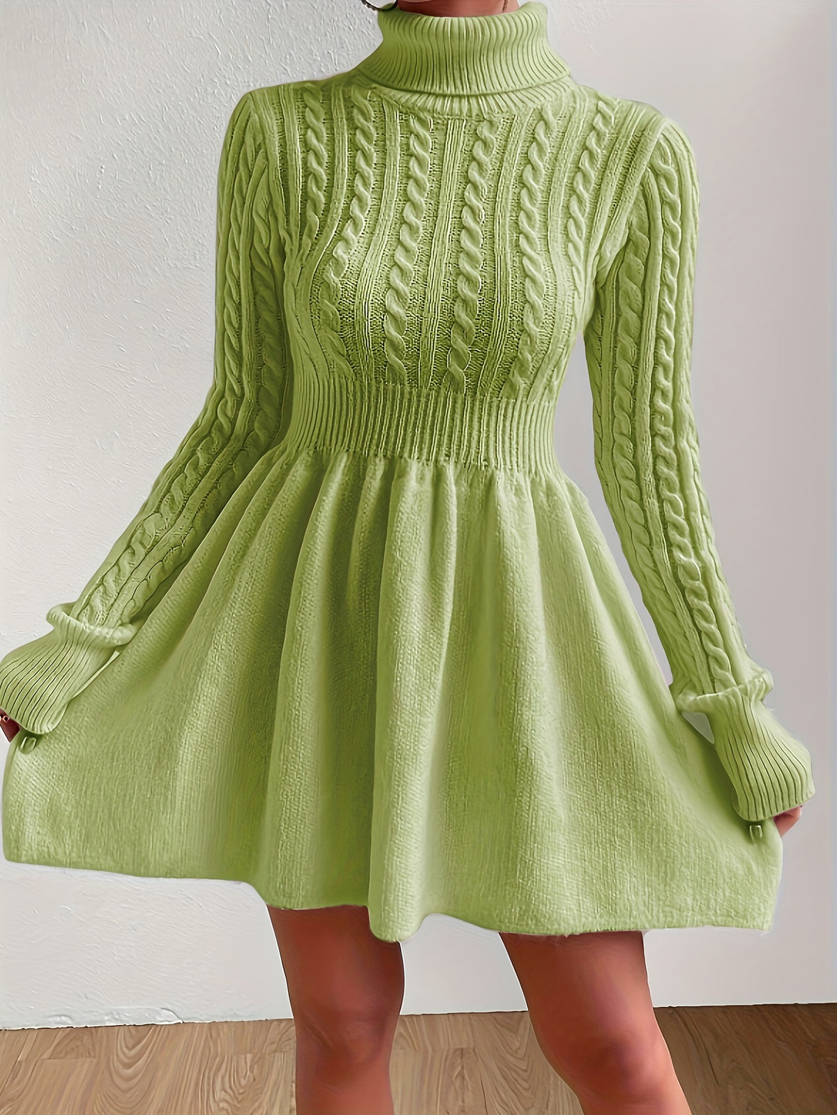 Leontine | Damen Zopfmuster Strickkleid A-Linie Rollkragen