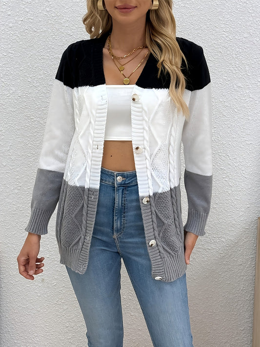Ilse | Strickjacke Damen Patchwork-Muster Rundhalsausschnitt Strick
