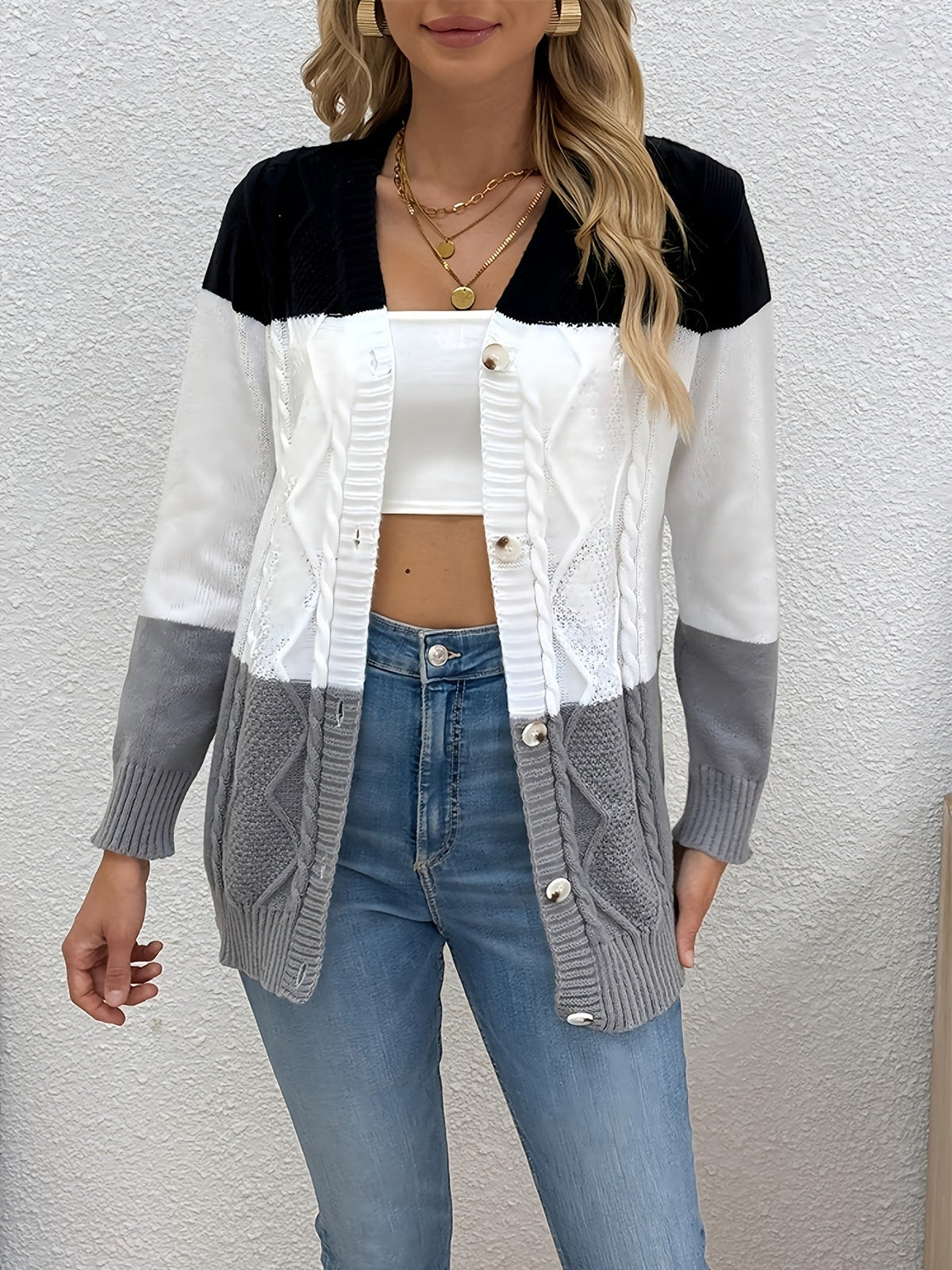 Ilse | Strickjacke Damen Patchwork-Muster Rundhalsausschnitt Strick