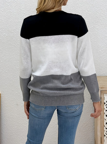 Ilse | Strickjacke Damen Patchwork-Muster Rundhalsausschnitt Strick