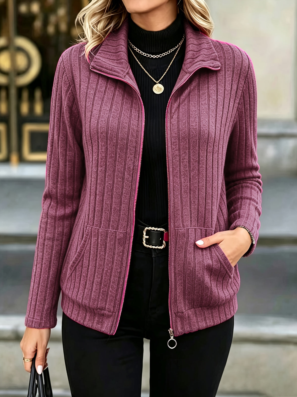 Dorothea | Damen Strickjacke gerippt mit Reißverschluss Stehkragen