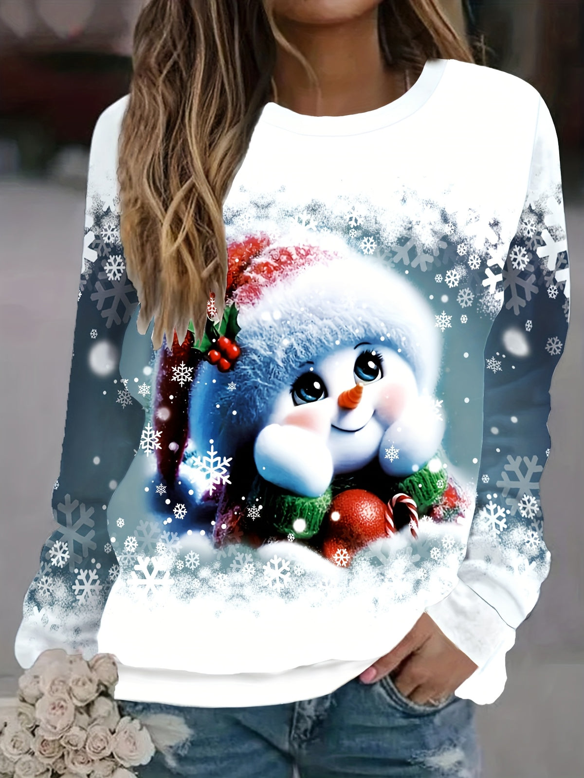 Alix | Weihnachtspullover mit Schneemann-Print Rundhals Damen