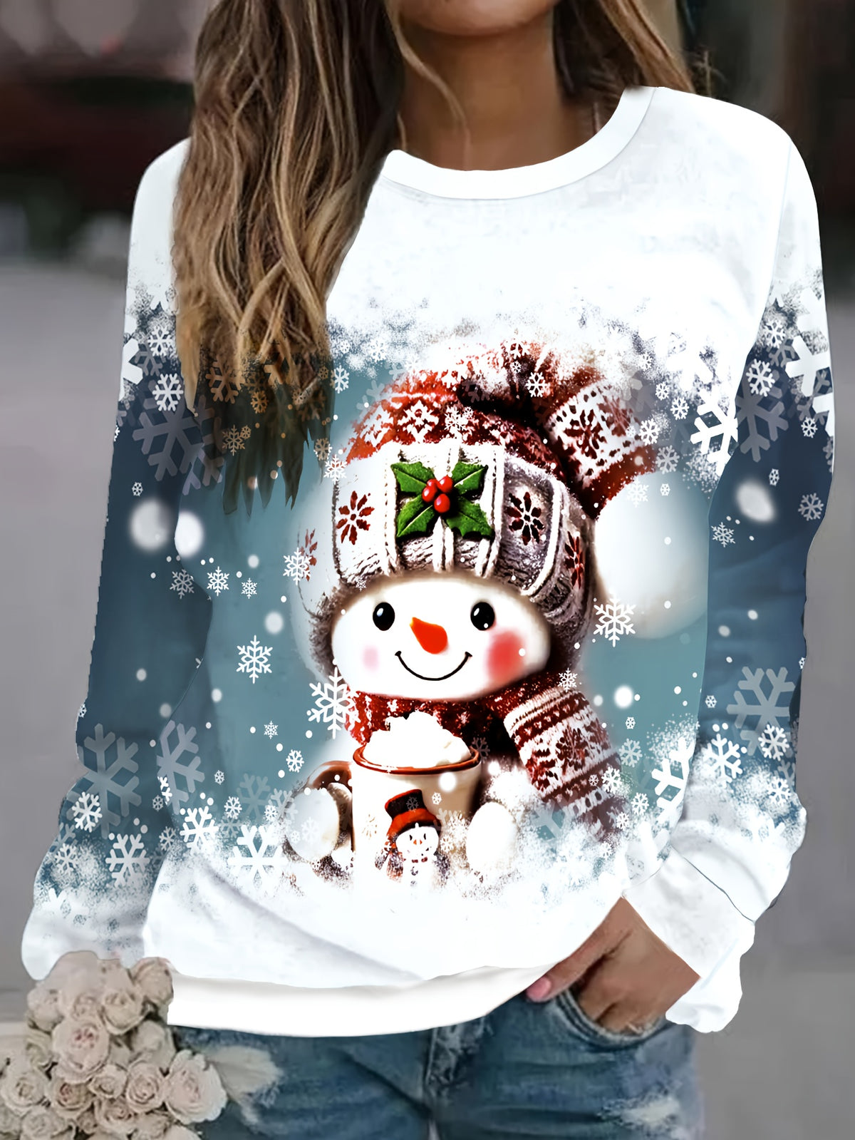 Alix | Weihnachtspullover mit Schneemann-Print Rundhals Damen