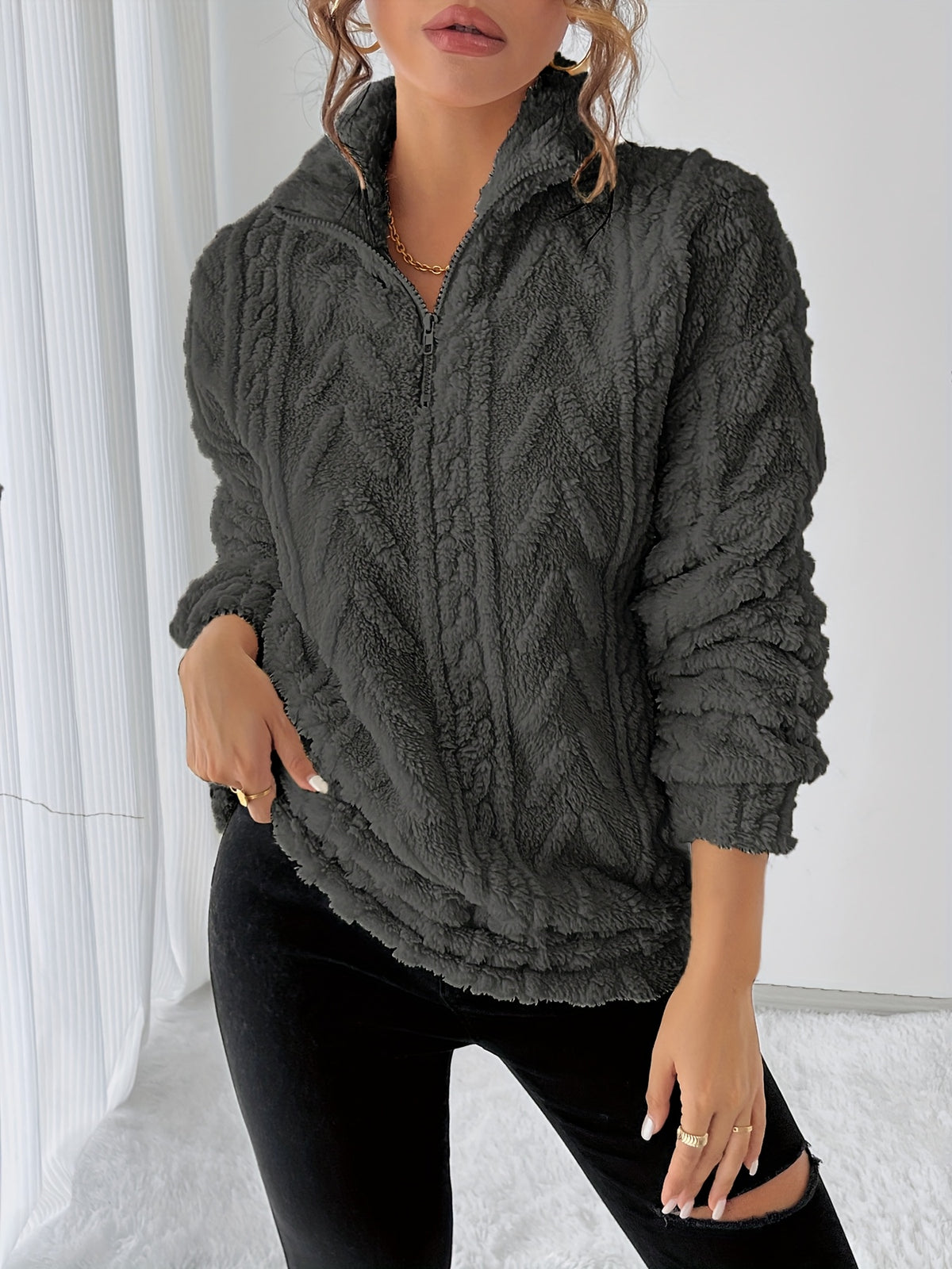 Antonia | Damen Teddy Sweatshirt mit Stehkragen und Reißverschluss