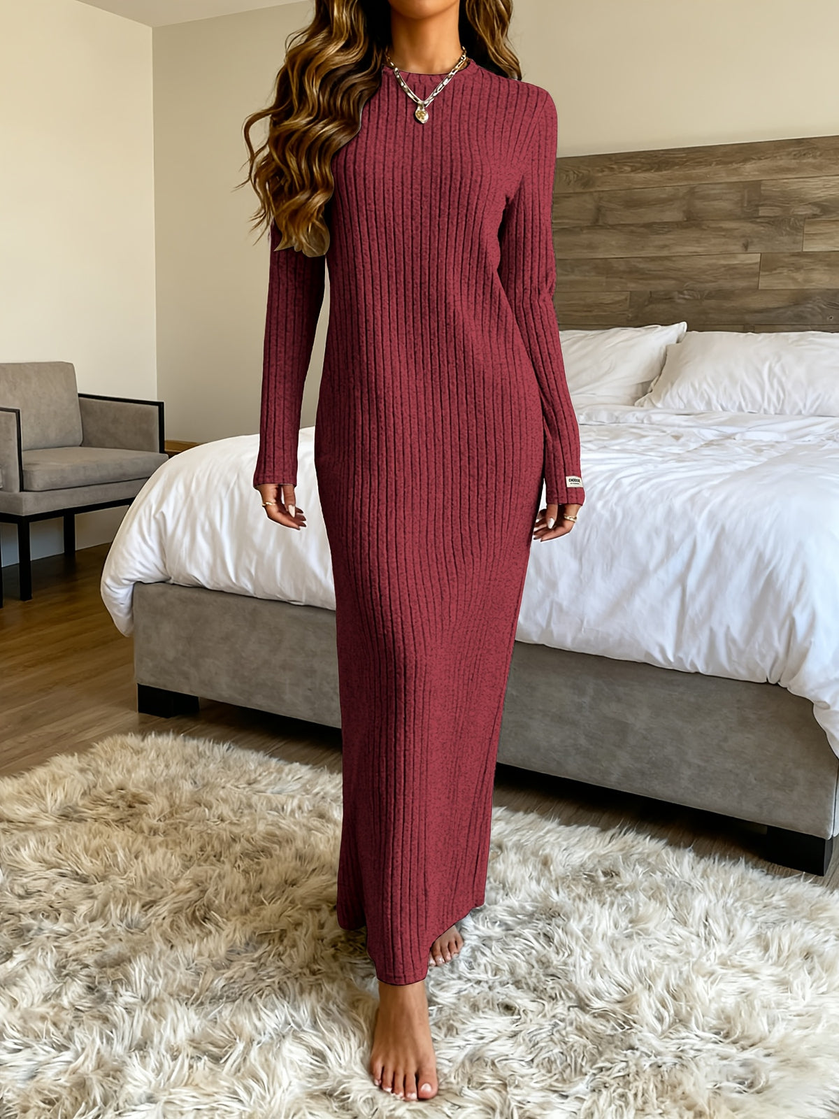 Lilian | Damen Maxikleid Rundhalsausschnitt Langarm Geripptes Design