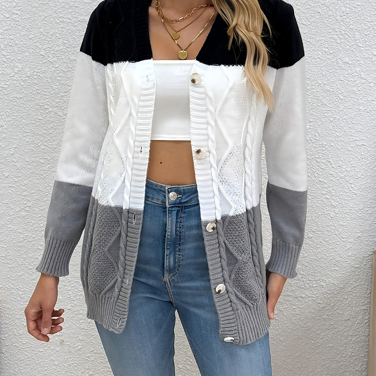 Ilse | Strickjacke Damen Patchwork-Muster Rundhalsausschnitt Strick