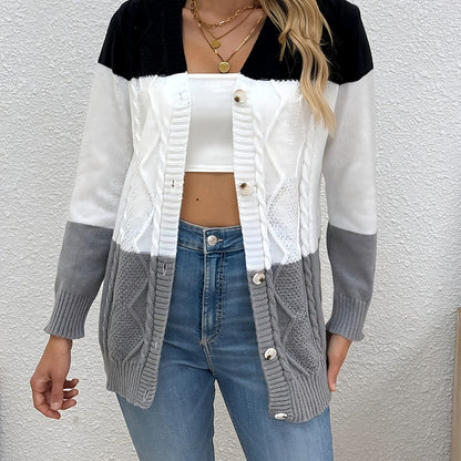 Ilse | Strickjacke Damen Patchwork-Muster Rundhalsausschnitt Strick