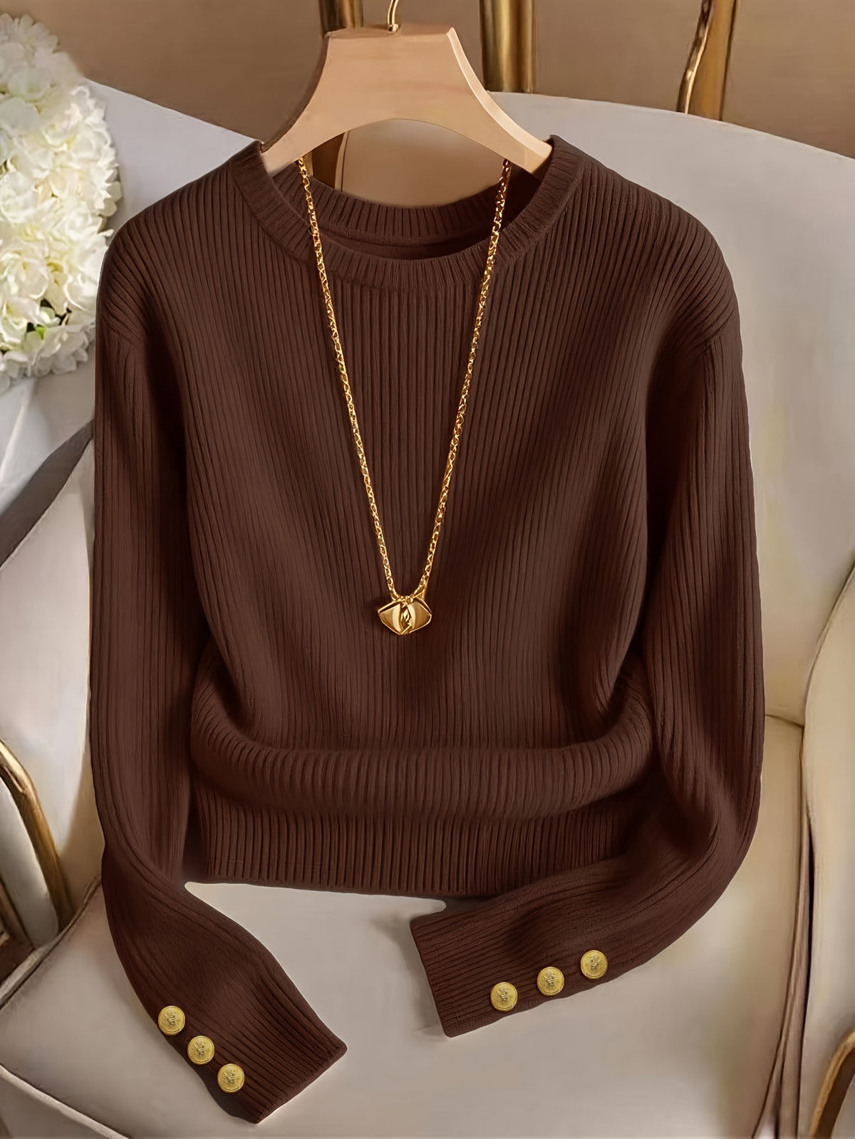 Jasmine | Damen Rippstrick Pullover mit Stehkragen, Knopfmanschetten