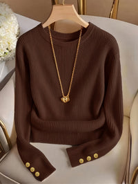 Jasmine | Damen Rippstrick Pullover mit Stehkragen, Knopfmanschetten