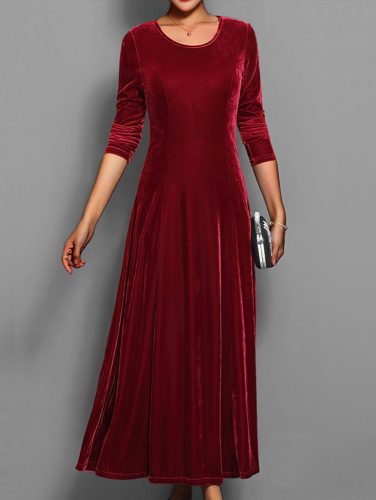 Leila | Elegantes Damen Samtkleid mit Rundhalsausschnitt Langarm