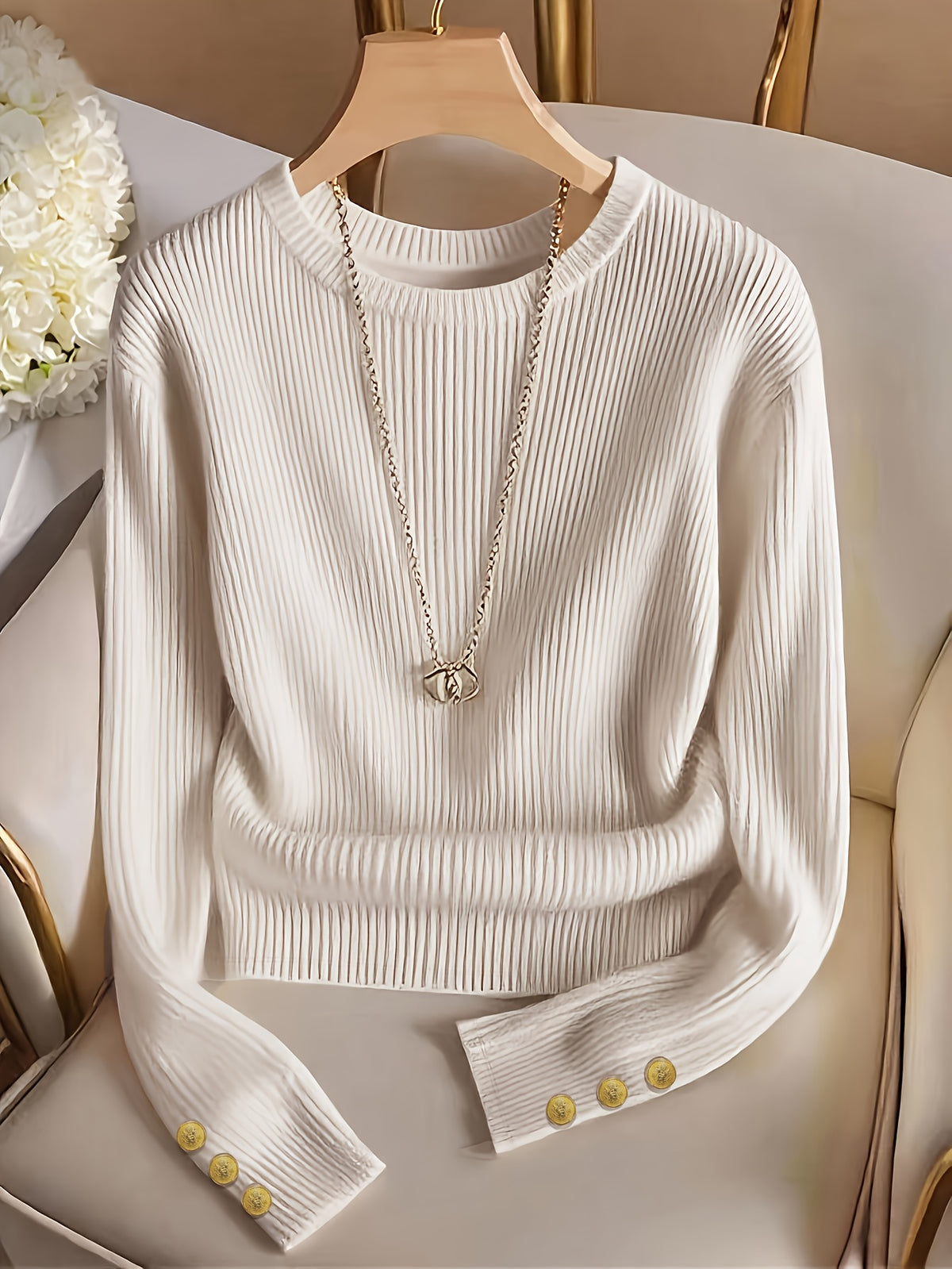 Jasmine | Damen Rippstrick Pullover mit Stehkragen, Knopfmanschetten