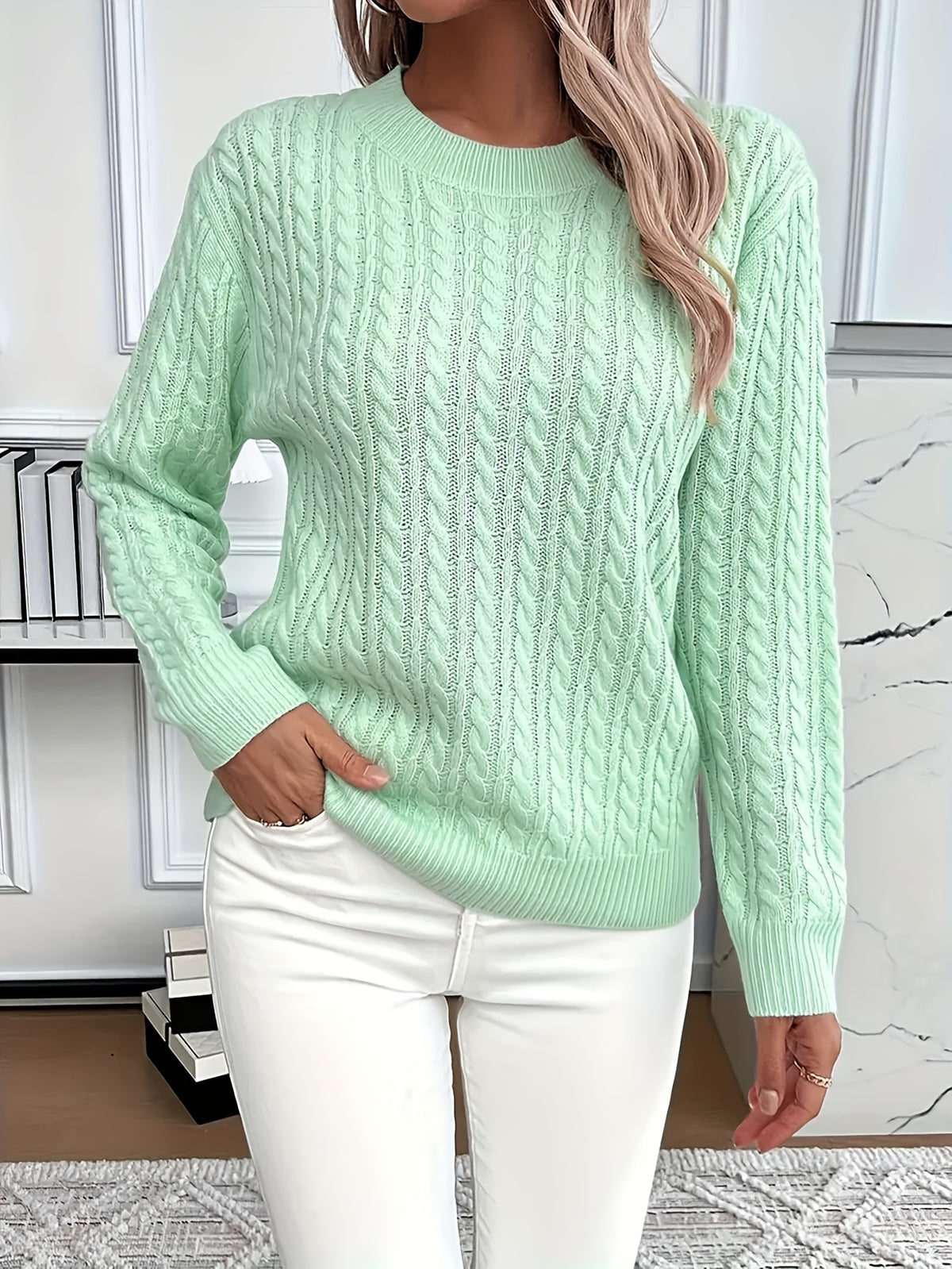 Jorien | Damen Zopfmuster Strickpullover Rundhalsausschnitt Oversized
