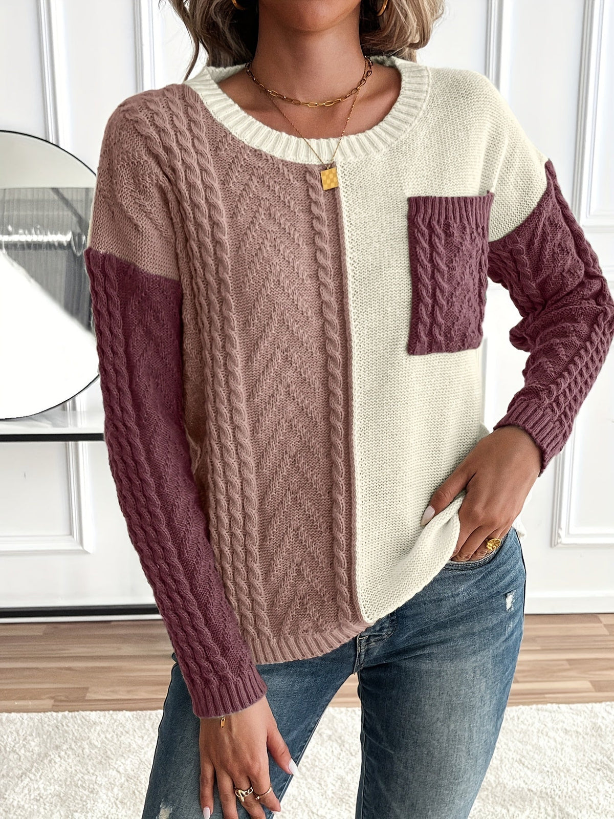 Lynn | Damen Zopfmuster Strickpullover mit Colorblock-Design Rundhals
