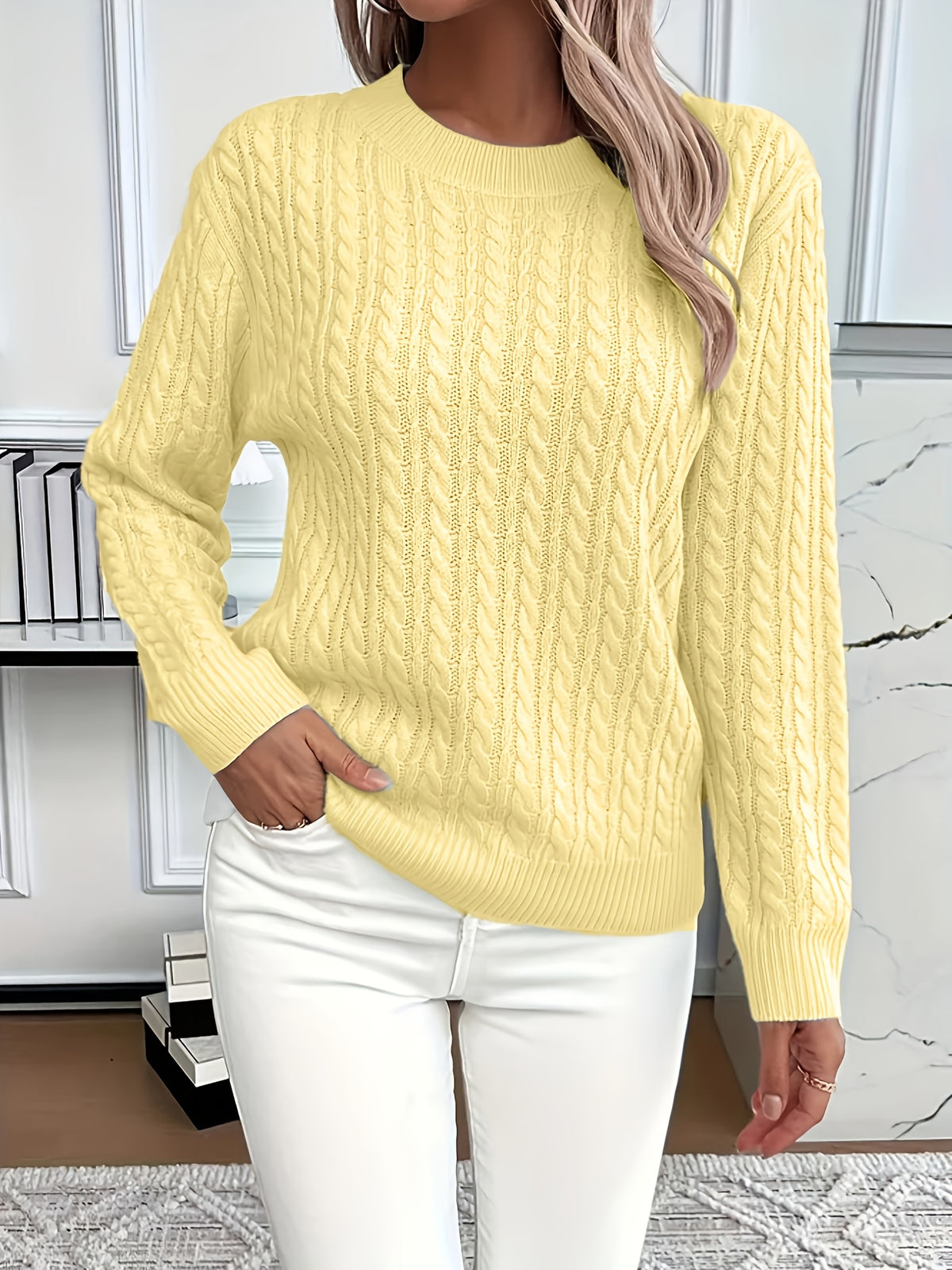 Jorien | Damen Zopfmuster Strickpullover Rundhalsausschnitt Oversized