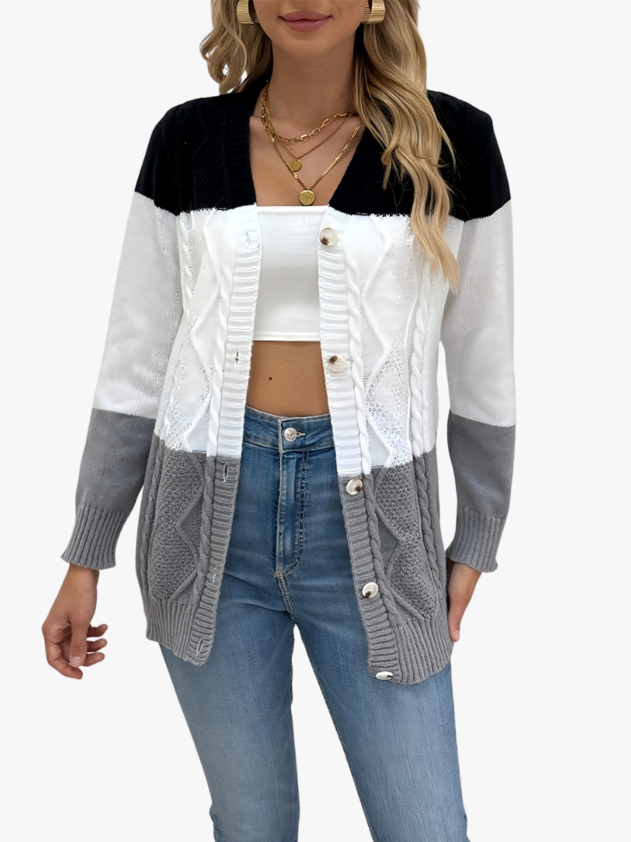 Ilse | Strickjacke Damen Patchwork-Muster Rundhalsausschnitt Strick