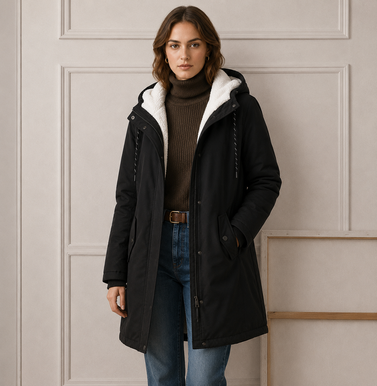 Magda | Damen Wintermantel mit Kapuze und Bindegürtel