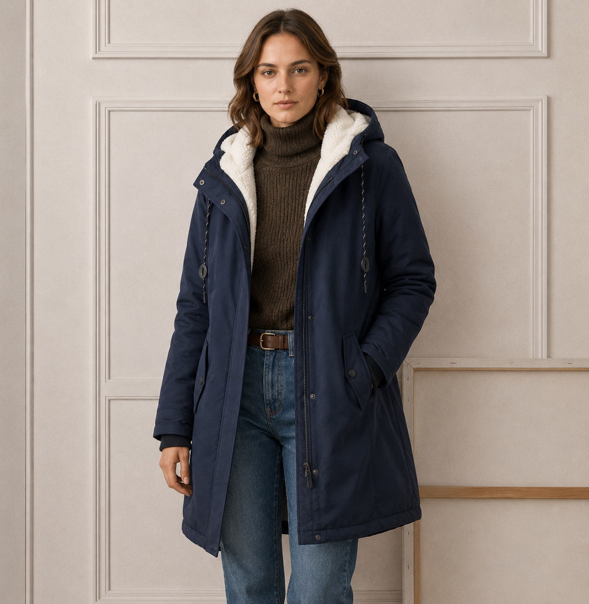 Magda | Damen Wintermantel mit Kapuze und Bindegürtel