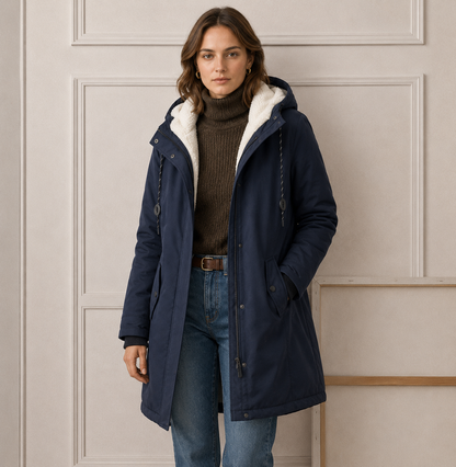 Magda | Damen Wintermantel mit Kapuze und Bindegürtel