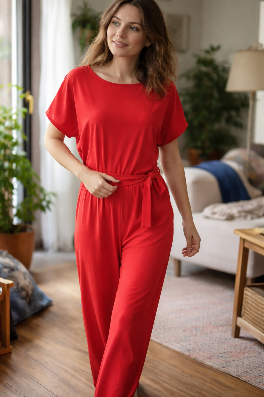 Athena | Damen Jumpsuit Weit Geschnitten mit Bindegürtel