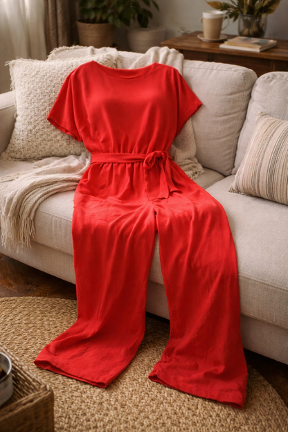 Athena | Damen Jumpsuit Weit Geschnitten mit Bindegürtel