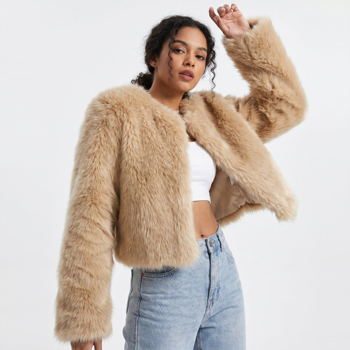 Renae | Kurze Kunstpelz Winterjacke Damen mit Reverskragen
