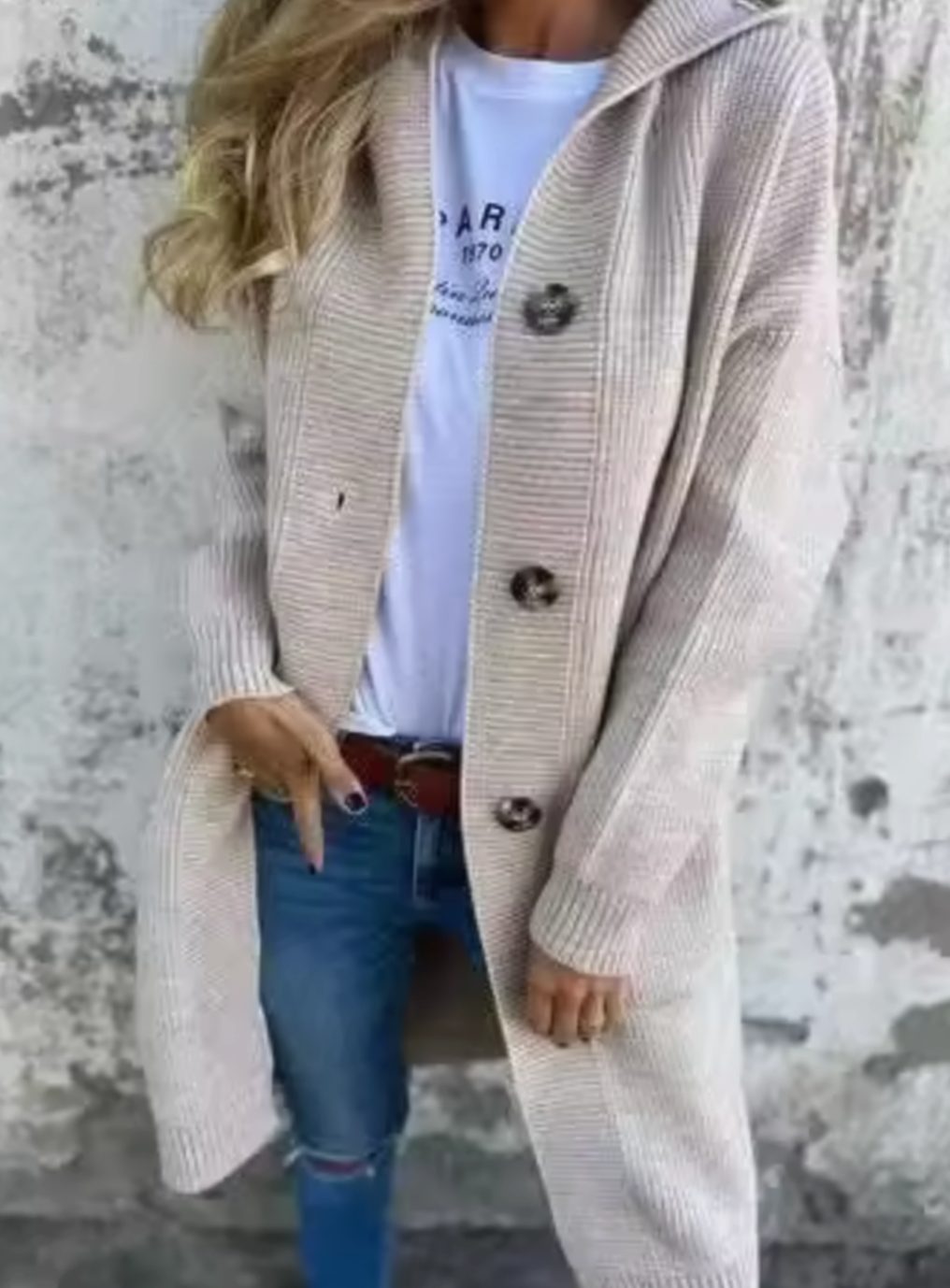 Pernilla | Damen Mantel Strickmantel Kapuze Knopfleiste Langarm