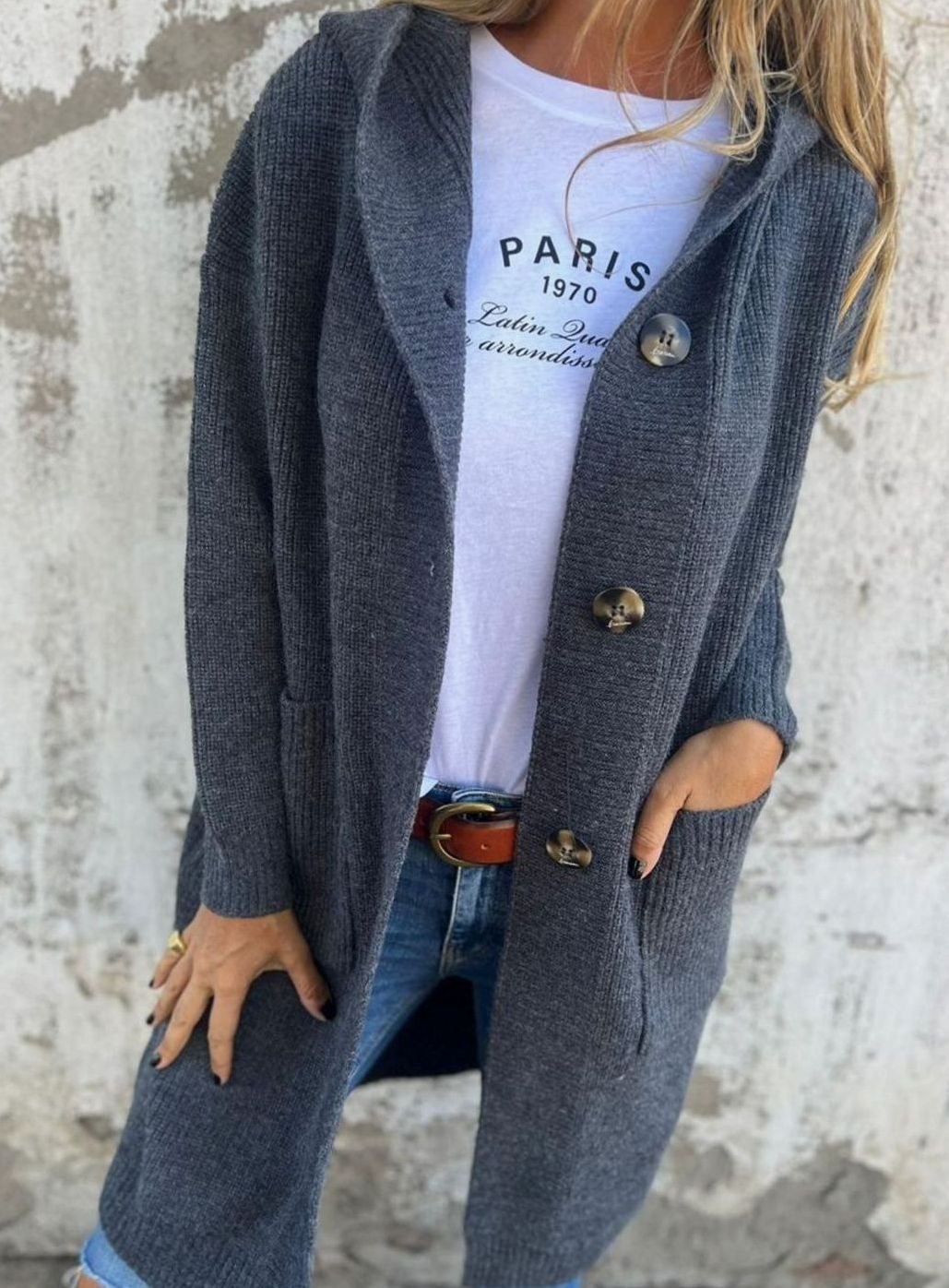 Pernilla | Damen Mantel Strickmantel Kapuze Knopfleiste Langarm