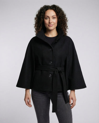 Marcella | Damen lange Winterjacke mit Stehkragen und Bindegürtel