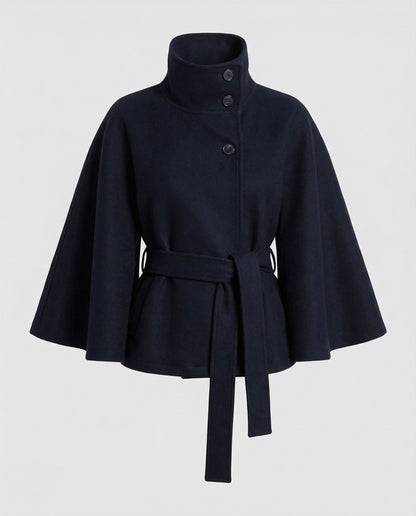 Marcella | Damen lange Winterjacke mit Stehkragen und Bindegürtel