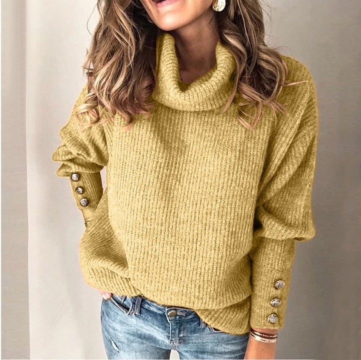 Liana | Rollkragenpullover Damen Locker Geschnitten mit Knopfdetail an den Ärmeln