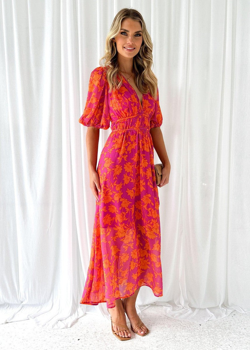 Thalia | Blumen Midikleid mit V-Ausschnitt und Puffärmeln für Damen