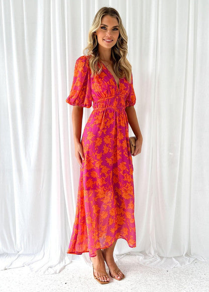 Thalia | Blumen Midikleid mit V-Ausschnitt und Puffärmeln für Damen