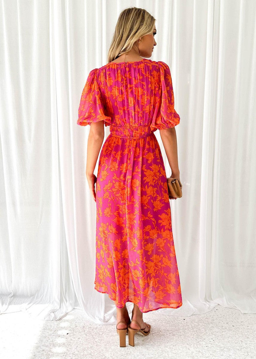 Thalia | Blumen Midikleid mit V-Ausschnitt und Puffärmeln für Damen
