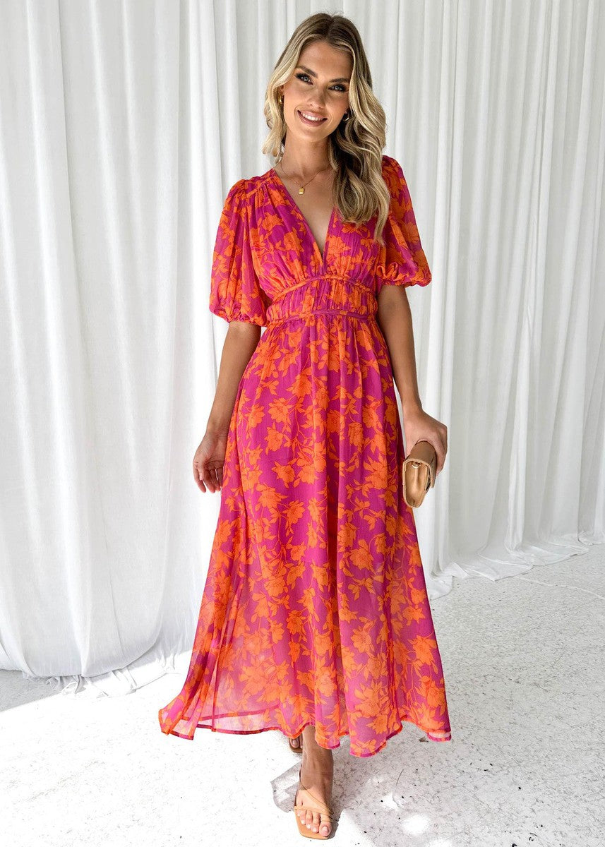 Thalia | Blumen Midikleid mit V-Ausschnitt und Puffärmeln für Damen