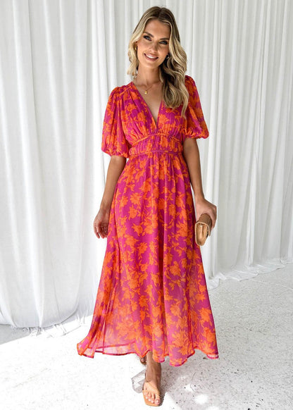 Thalia | Blumen Midikleid mit V-Ausschnitt und Puffärmeln für Damen