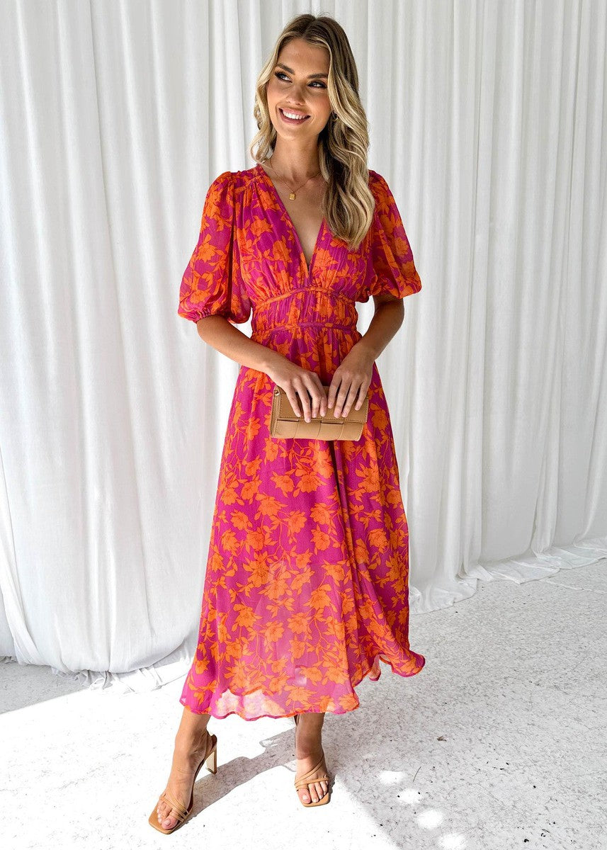 Thalia | Blumen Midikleid mit V-Ausschnitt und Puffärmeln für Damen