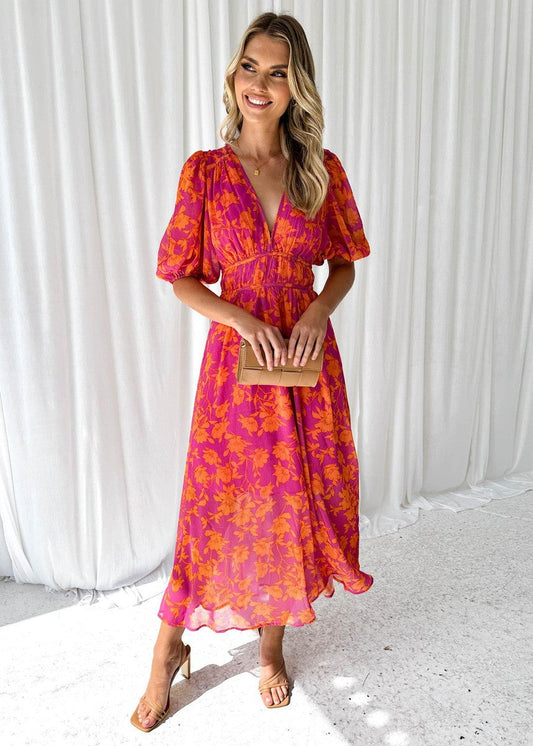 Thalia | Blumen Midikleid mit V-Ausschnitt und Puffärmeln für Damen