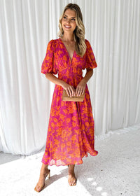Thea | Blumen Midikleid mit V-Ausschnitt und Puffärmeln für Damen