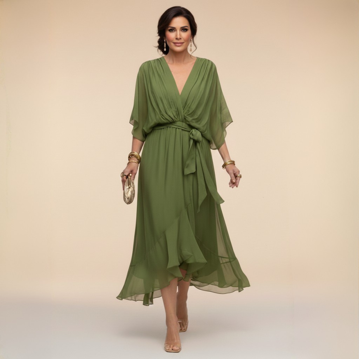 Marit | Elegantes Wickelkleid Midi mit V-Ausschnitt Damen