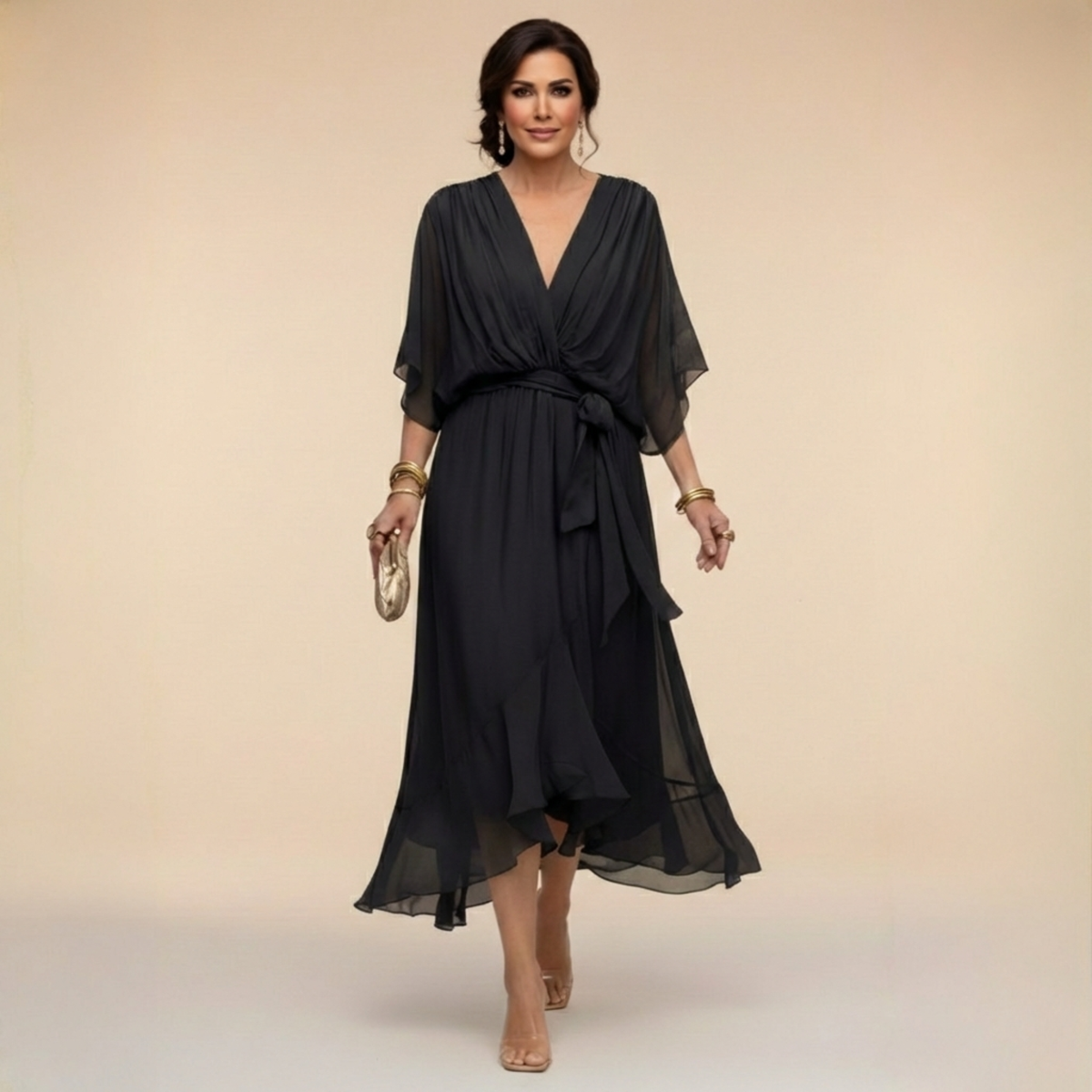 Marit | Elegantes Wickelkleid Midi mit V-Ausschnitt Damen