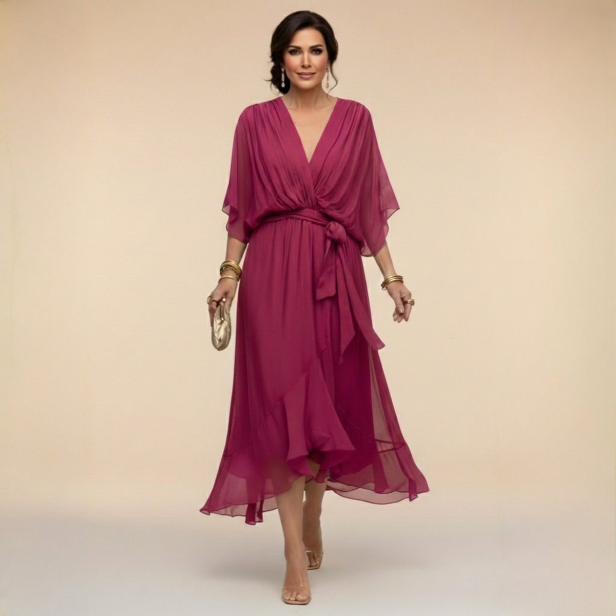 Marit | Elegantes Wickelkleid Midi mit V-Ausschnitt Damen