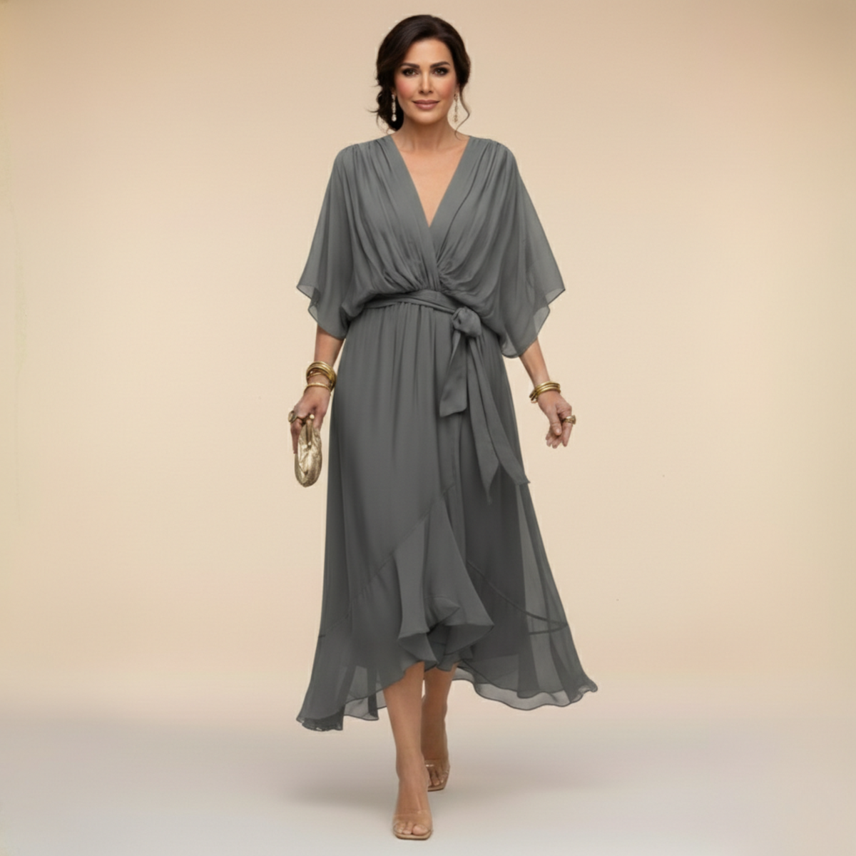 Marit | Elegantes Wickelkleid Midi mit V-Ausschnitt Damen