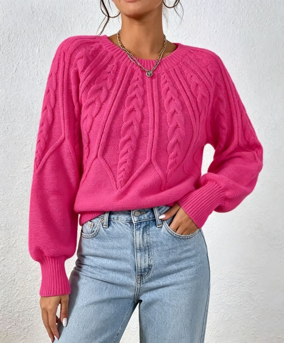 Maline | Damen Kurzer Zopfmuster Pullover mit Ballonärmeln, Rundhals